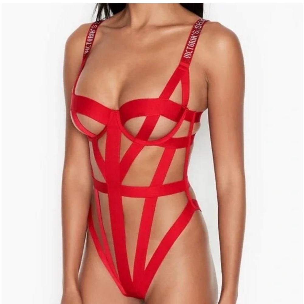 Victoria’s Secret Strappy Bondage Teddy Red Bling Large Holiday Christmas